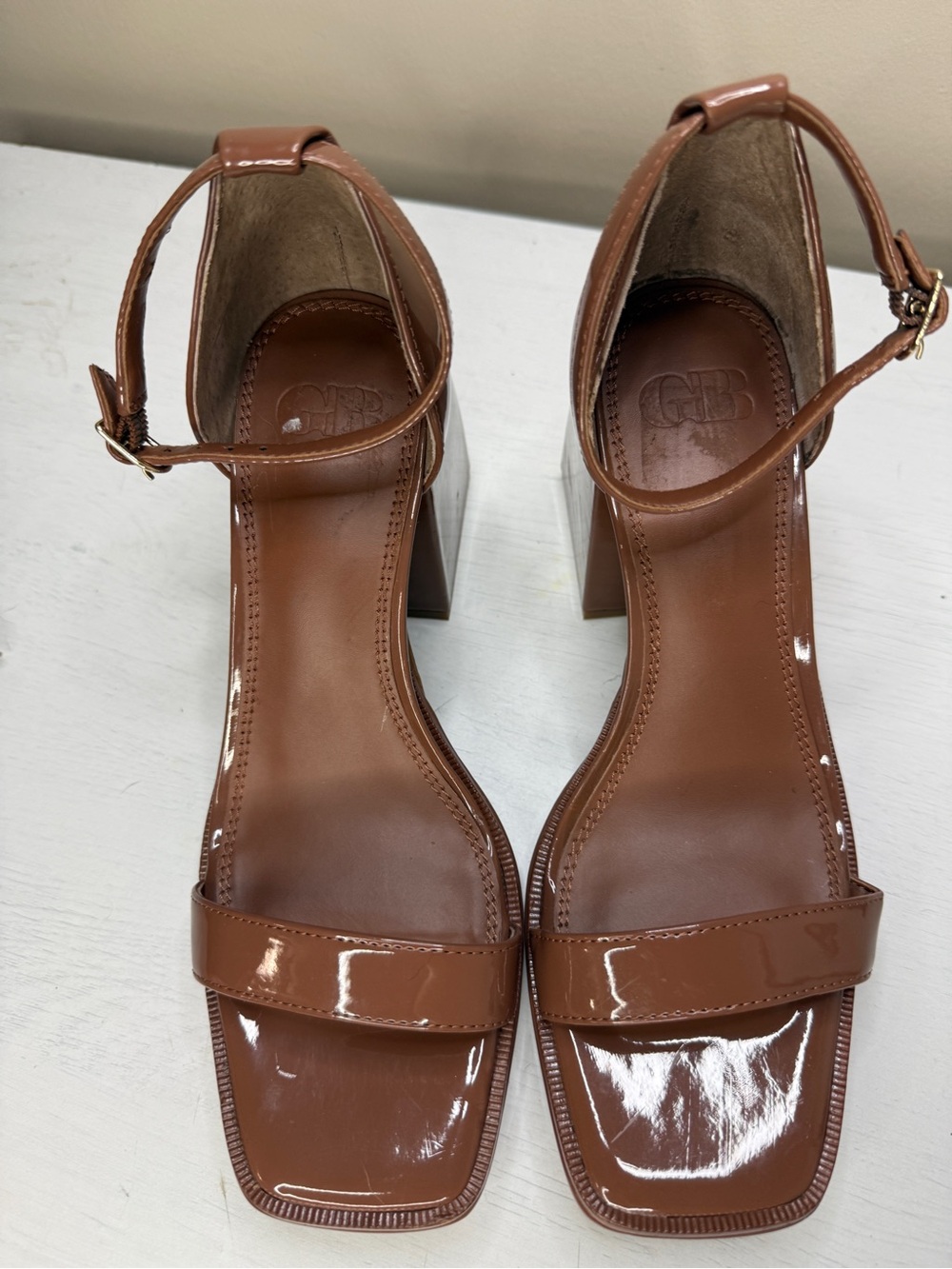 Gianni Bini Brown Say-So Patent Square Toe Ankle Strap Platform Sandals - Picture 15 of 16